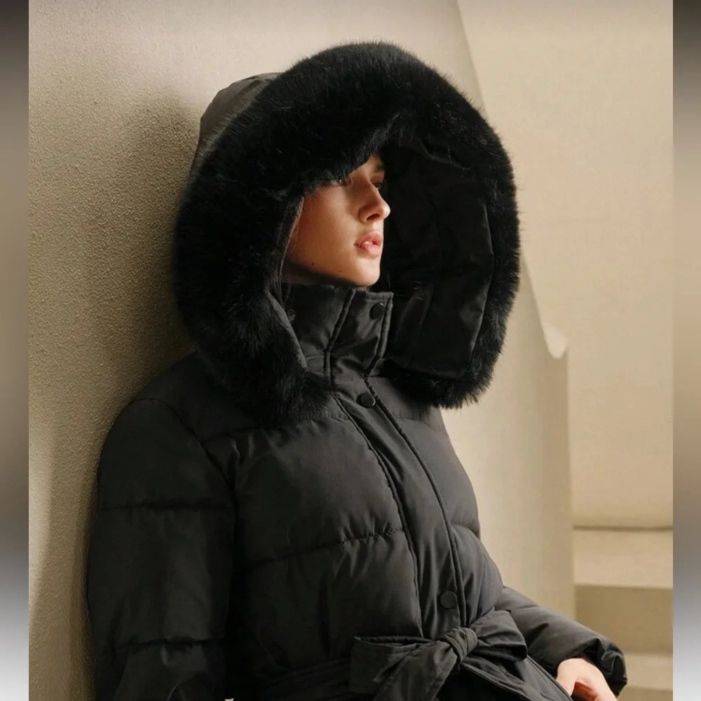 Faux fur lined hooded quilted puffer jacket long full length coat belted black - Picture 2 of 13